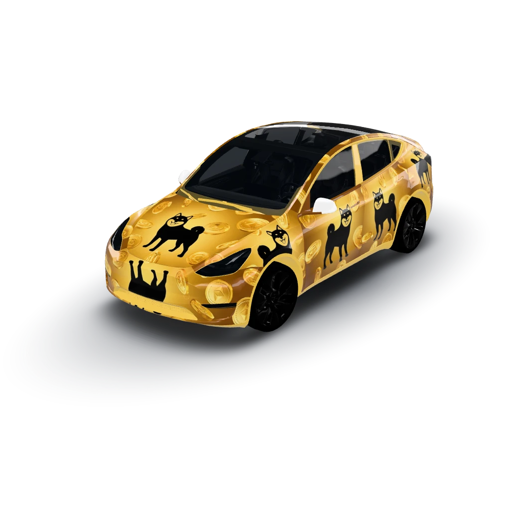Gold coin shower with a grinning shiba — a Model Y wearing this AI wrap design