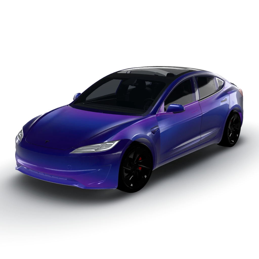 Midnight blue to purple gradient — a Model 3 (2024+) Performance wearing this AI wrap design