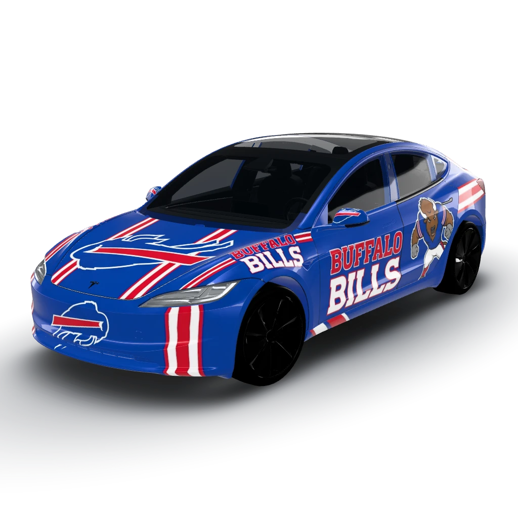 Car wrap that shows the Buffalo bills — a Model 3 (2024+) Standard & Premium wearing this AI wrap design