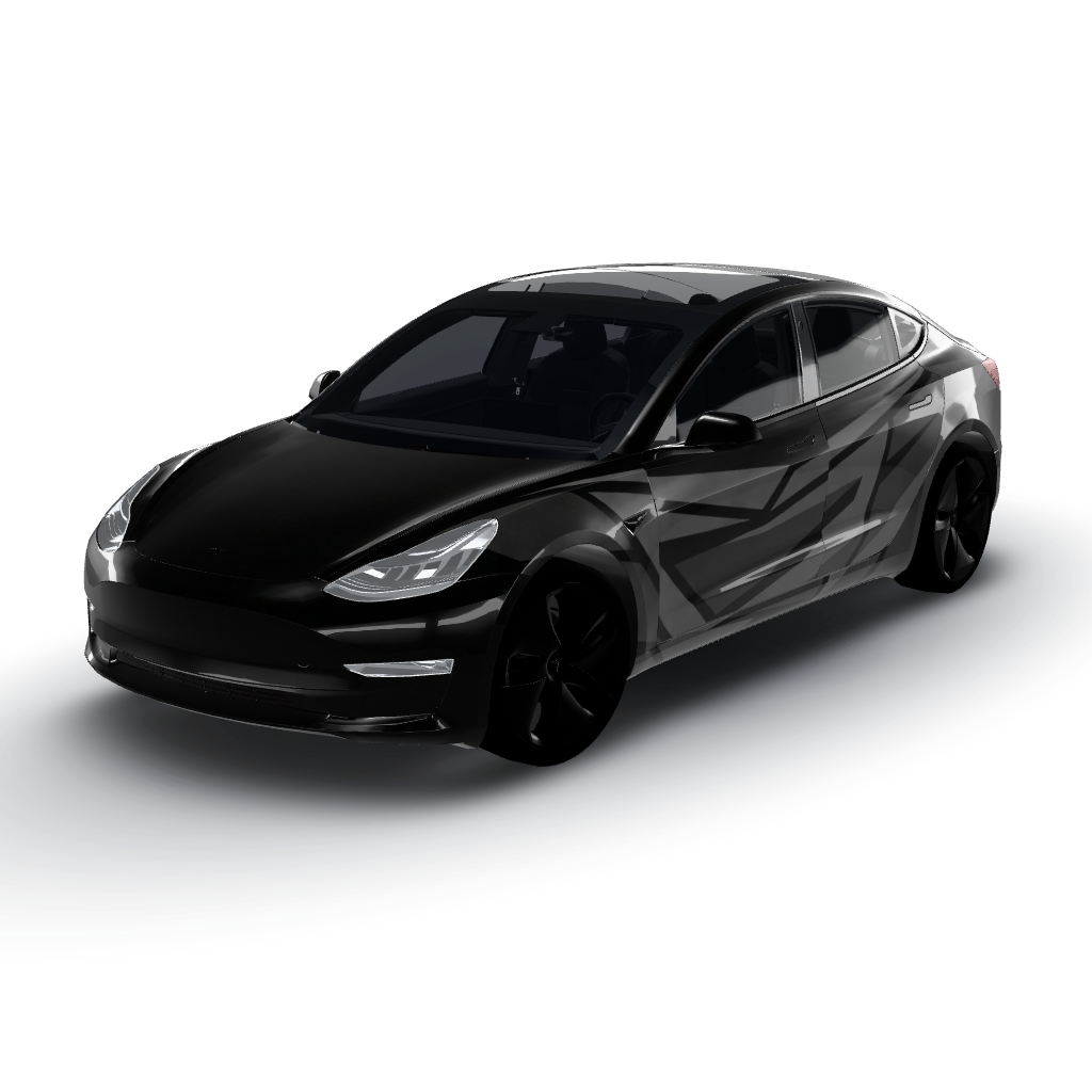 Matte black covers the entire surface — a Model 3 wearing this AI wrap design