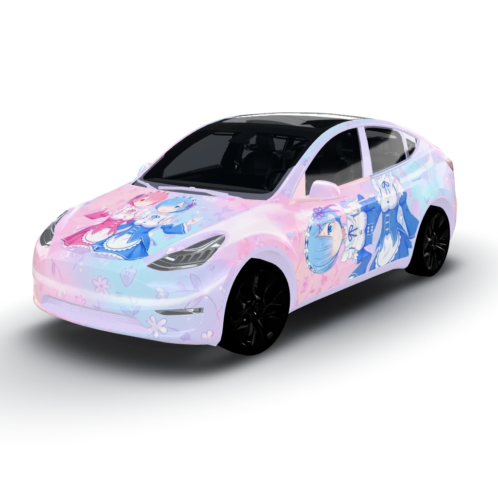 Rem and Ram girl are beautifully — a Model Y wearing this AI wrap design