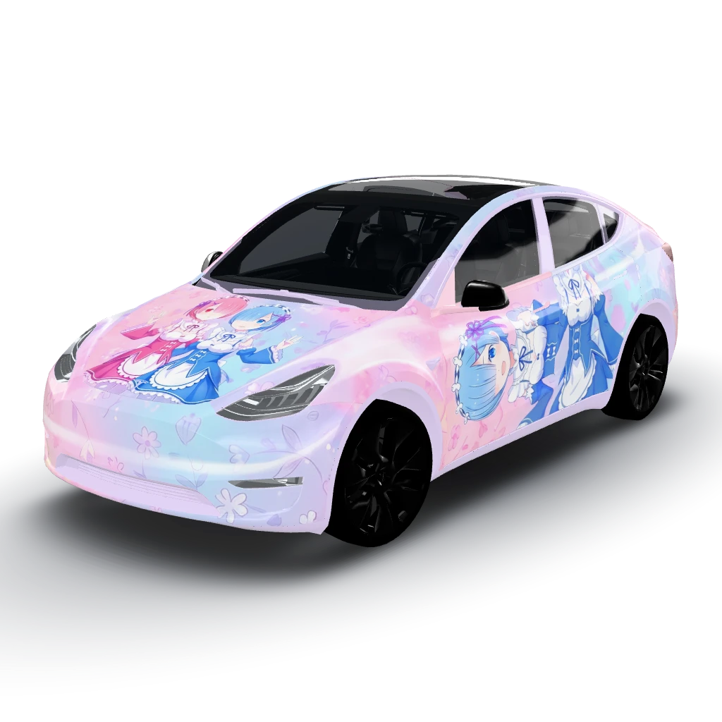 Rem and Ram girl are beautifully — a Model Y wearing this AI wrap design