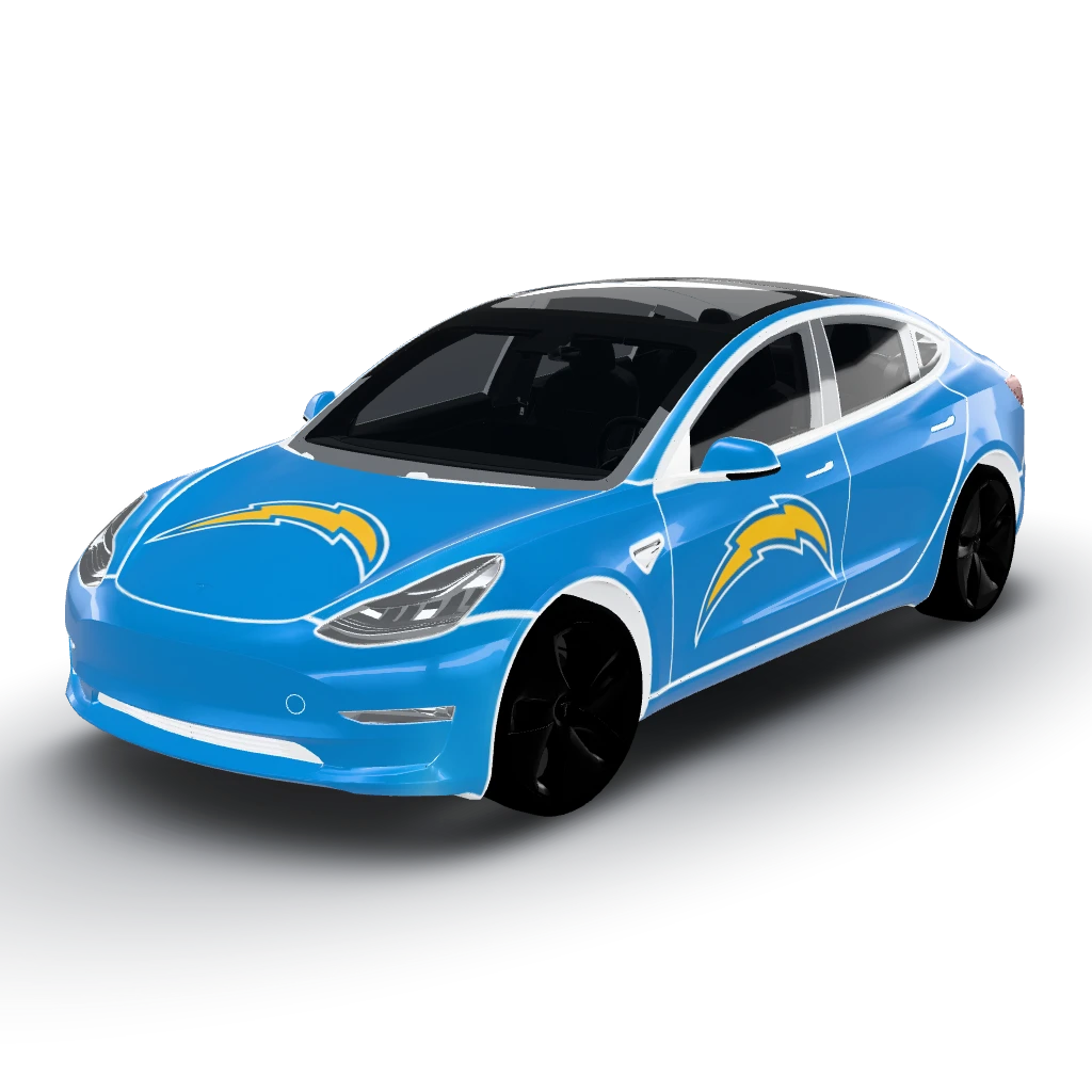 Los Angelas Chargers blue with their logo — a Model 3 wearing this AI wrap design