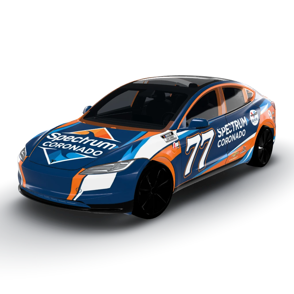 Carson Hocevar’s 2026 Spectrum Coronado — a Model 3 (2024+) Standard & Premium wearing this AI wrap design