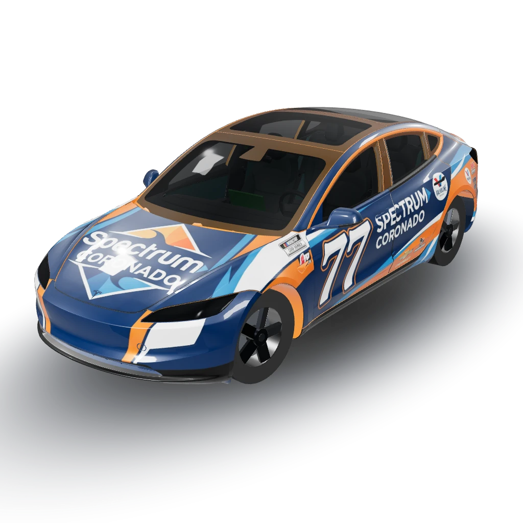 Carson Hocevar’s 2026 Spectrum Coronado — a Model 3 (2024+ Base) wearing this AI wrap design