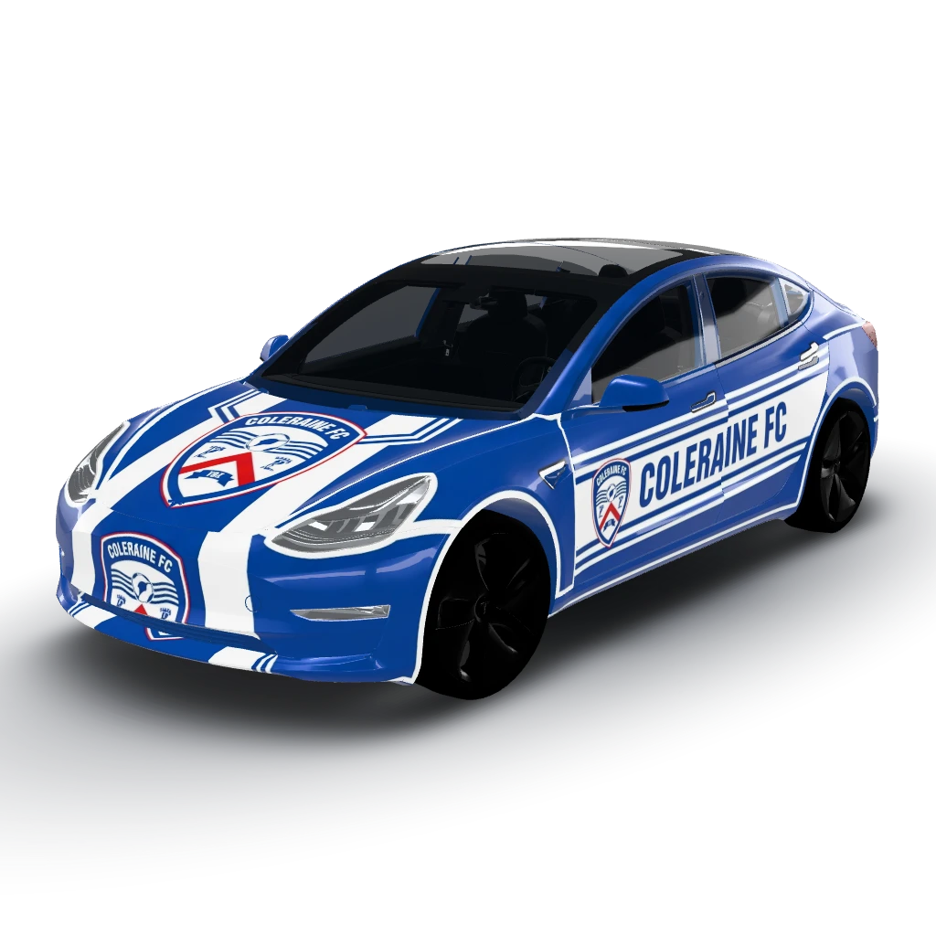 It about Coleraine FC with the badge — a Model 3 wearing this AI wrap design