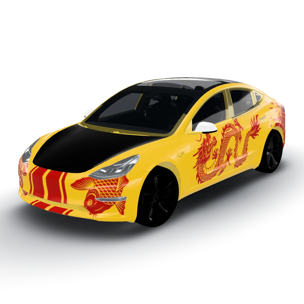 Will have a flat matte yellow body — a Model 3 wearing this AI wrap design