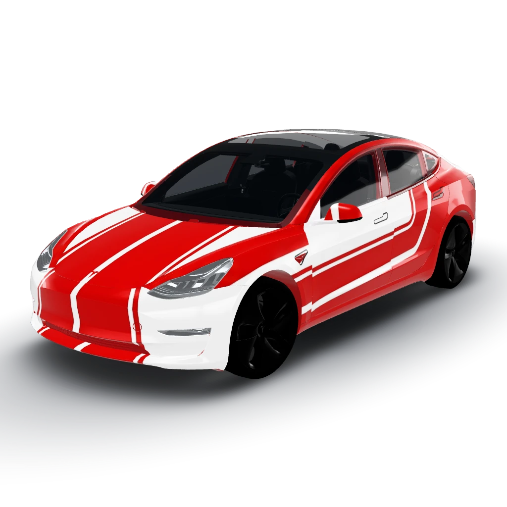Retro racing stripes in red and white — a Model 3 wearing this AI wrap design