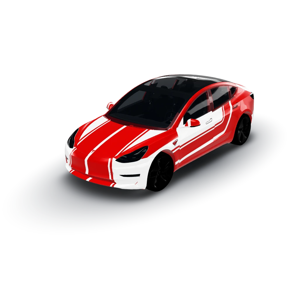 Retro racing stripes in red and white — a Model 3 wearing this AI wrap design