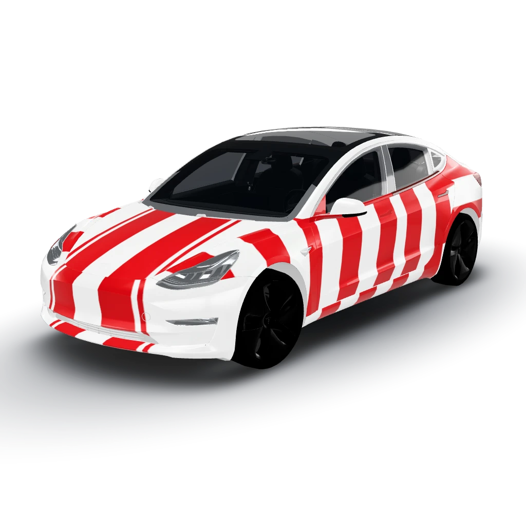 Retro racing stripes in red and white — a Model 3 wearing this AI wrap design