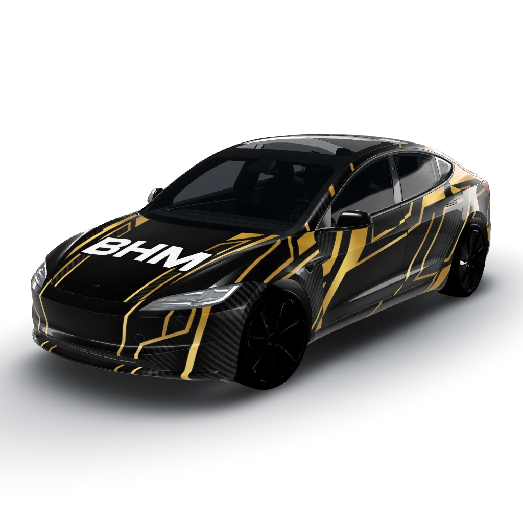 Bold white "BHM" letters centered — a Model 3 (2024+) Standard & Premium wearing this AI wrap design