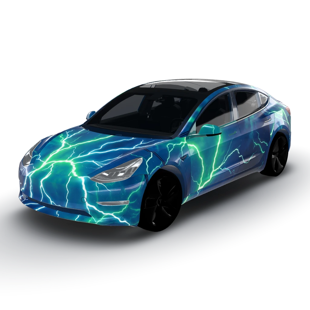 Artwork features a striking color palette — a Model 3 wearing this AI wrap design