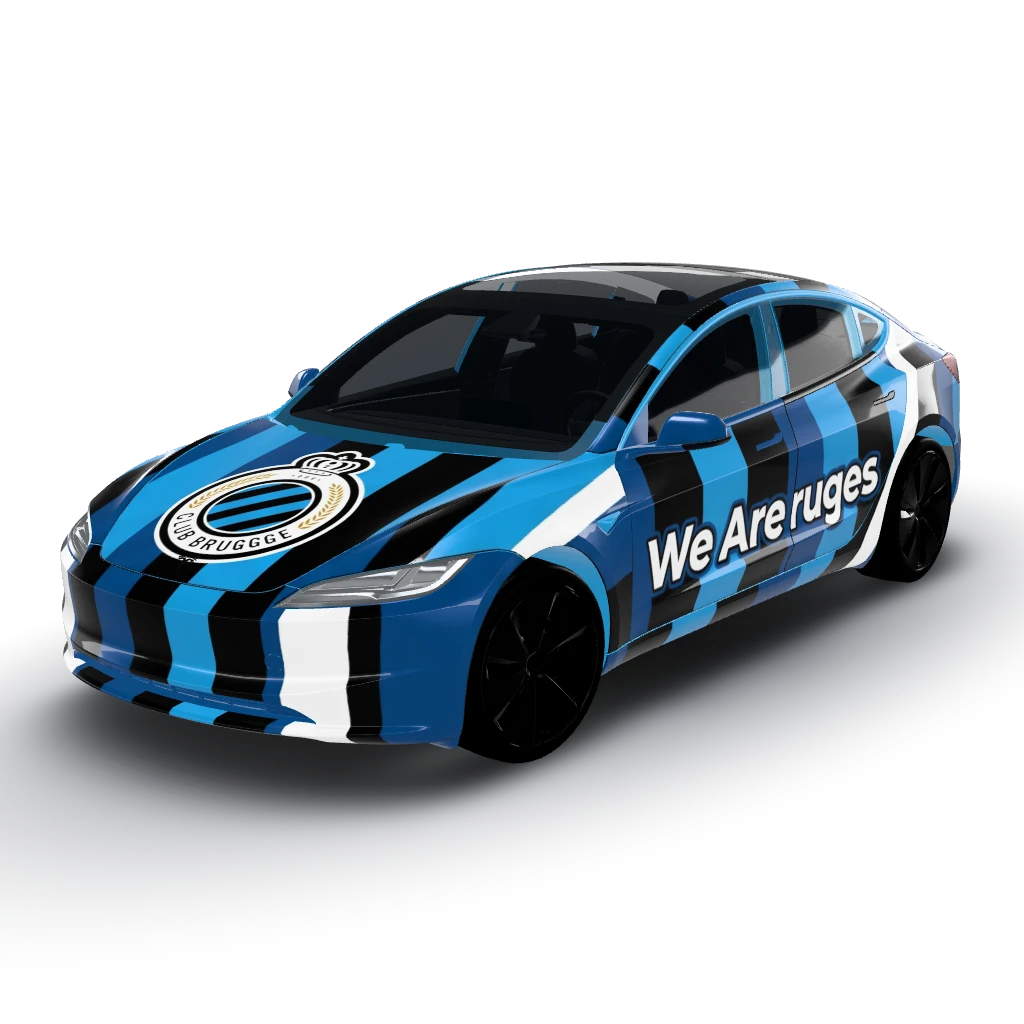 "We Are Bruges" as the phrase to include — a Model 3 (2024+) Standard & Premium wearing this AI wrap design