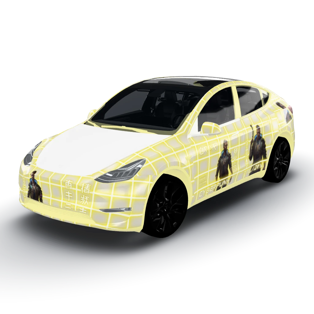 White base with a uniform yellow neon — a Model Y wearing this AI wrap design