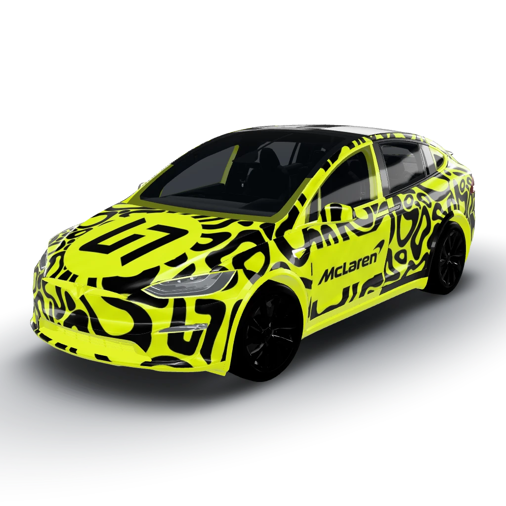 We'll proceed with a bright yellow base — a Model X (2021+) wearing this AI wrap design
