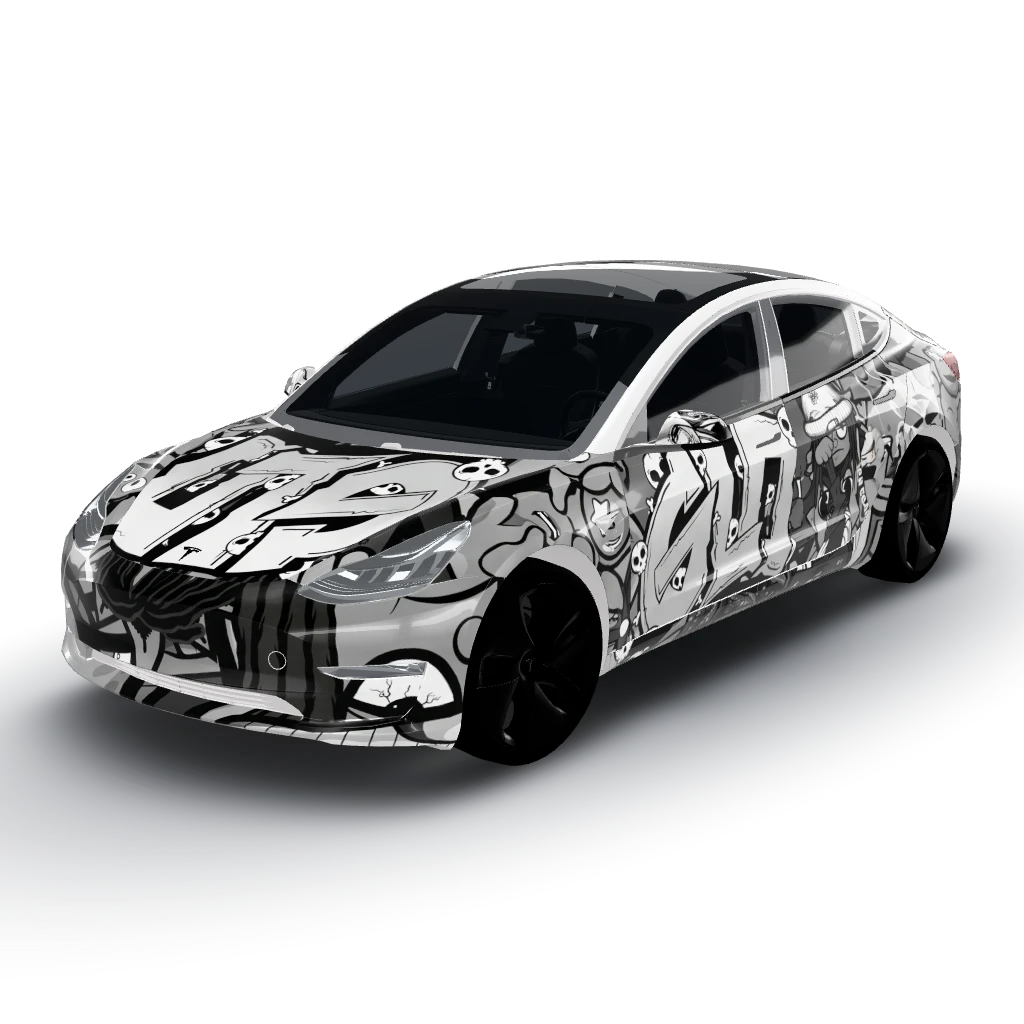 Provided in the picture above — a Model 3 wearing this AI wrap design