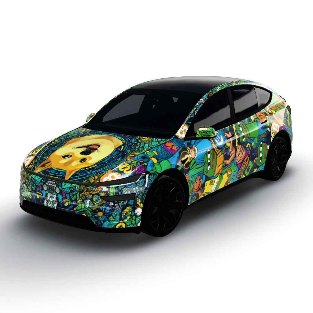 Vibrant collage of popular crypto memes — a Model Y L wearing this AI wrap design