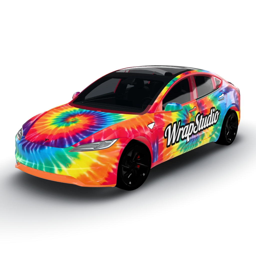 Tie dye — a Model 3 (2024+) Performance wearing this AI wrap design
