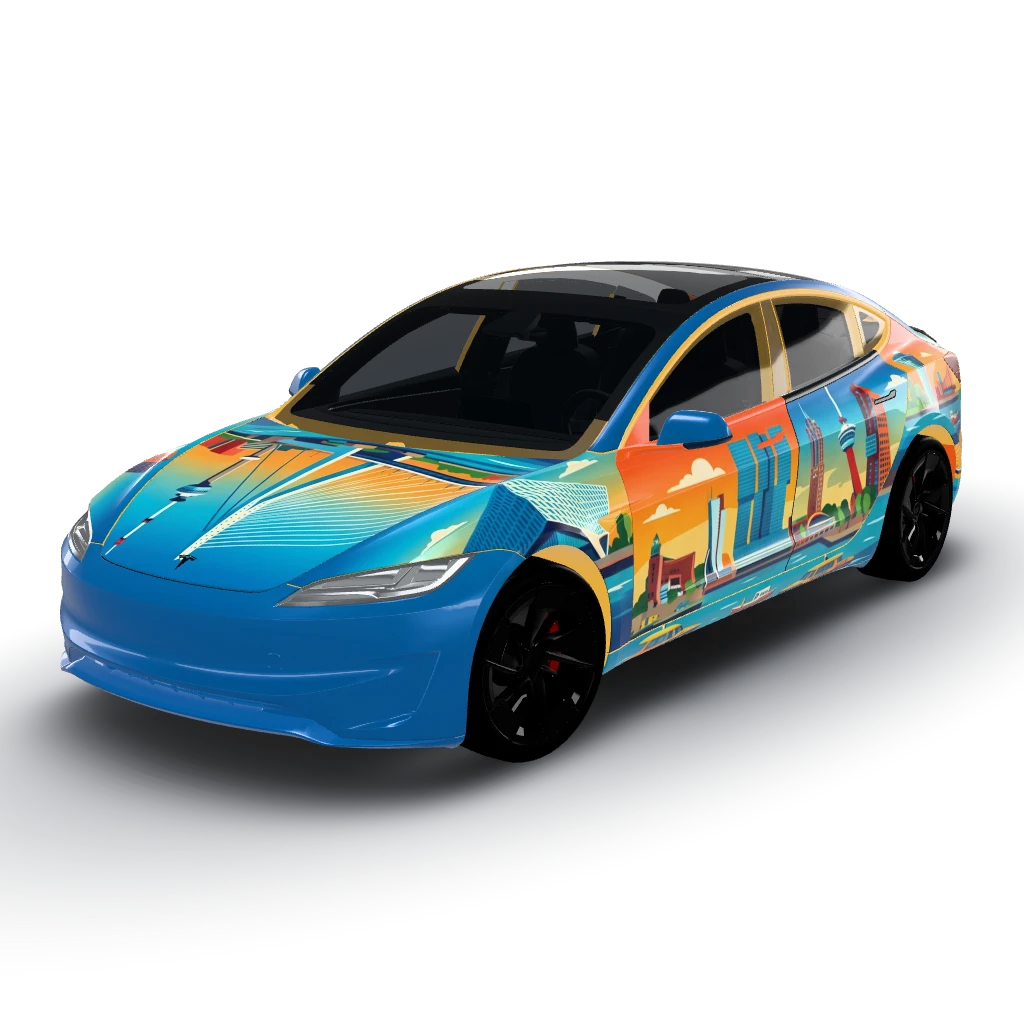 Rotterdam themed design — a Model 3 (2024+) Performance wearing this AI wrap design