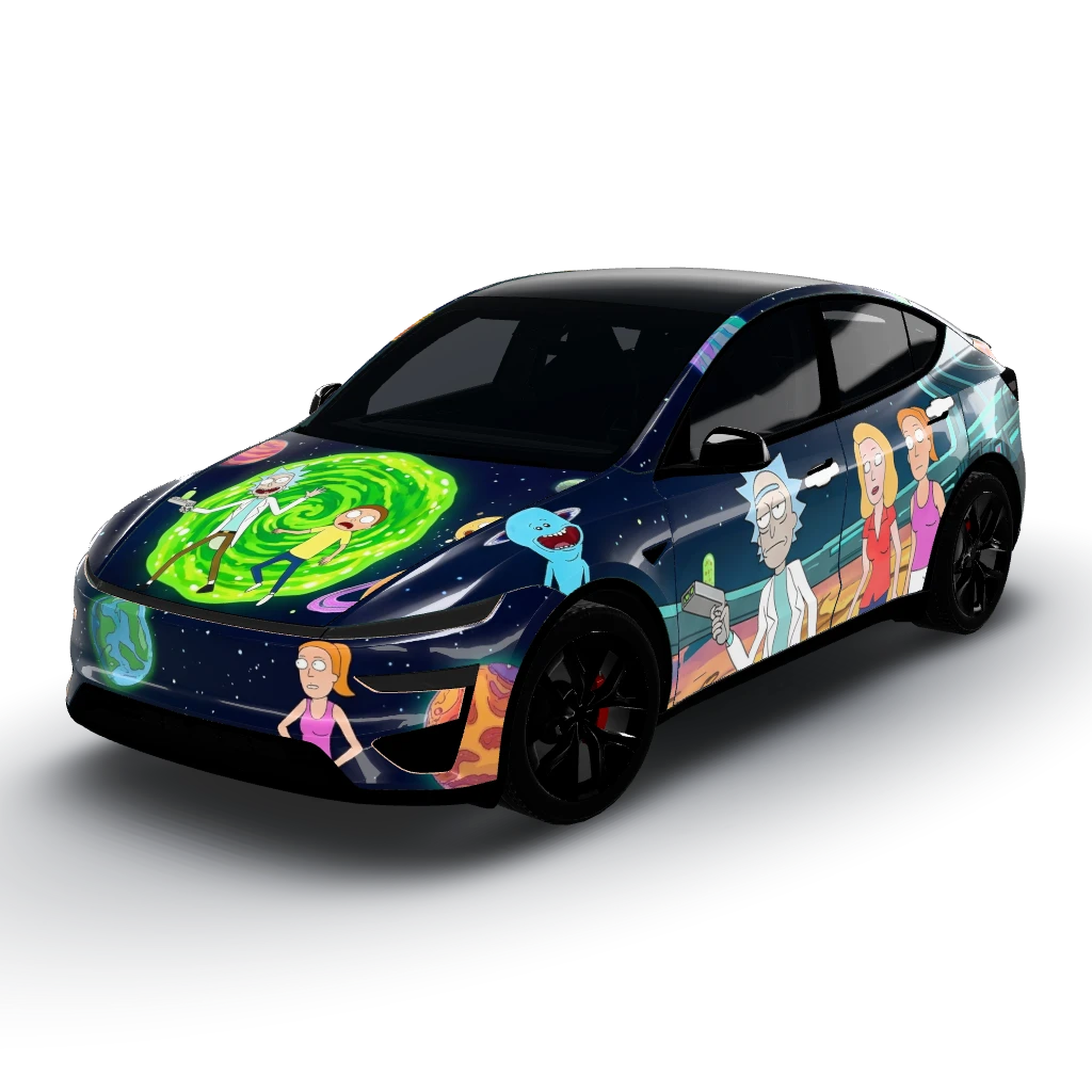 Rick and Morty theme — a Model Y (2025+) Performance wearing this AI wrap design