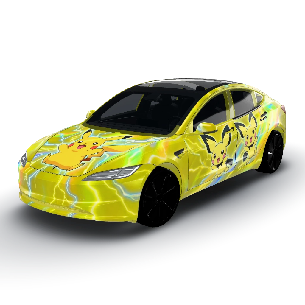 Pokemon Pikachu electric yellow — a Model 3 (2024+) Standard & Premium wearing this AI wrap design