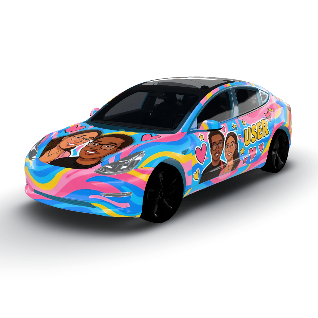 Vibrant and playful color palette of blues — a Model 3 wearing this AI wrap design