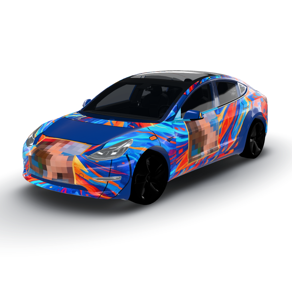 Artwork features a vibrant and dynamic — a Model 3 wearing this AI wrap design