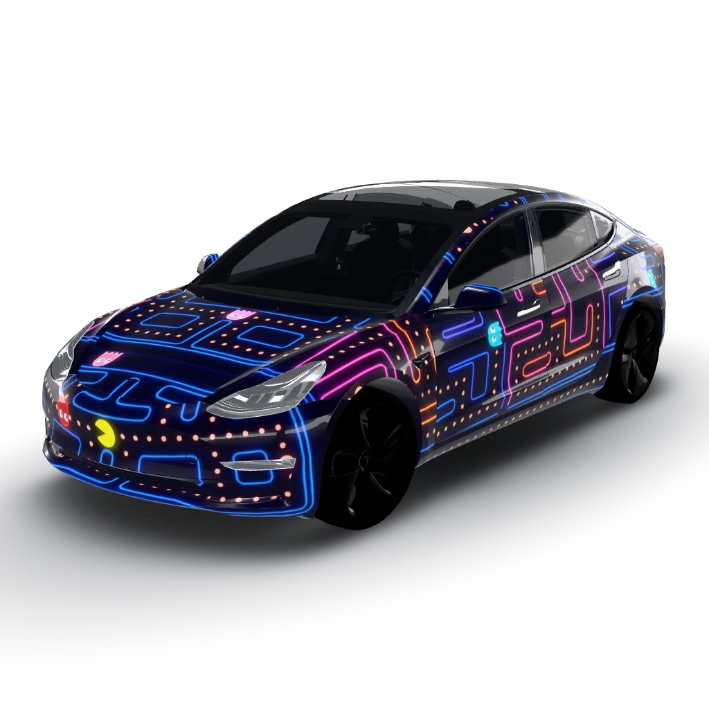 Pac-Man arcade neon maze — a Model 3 wearing this AI wrap design