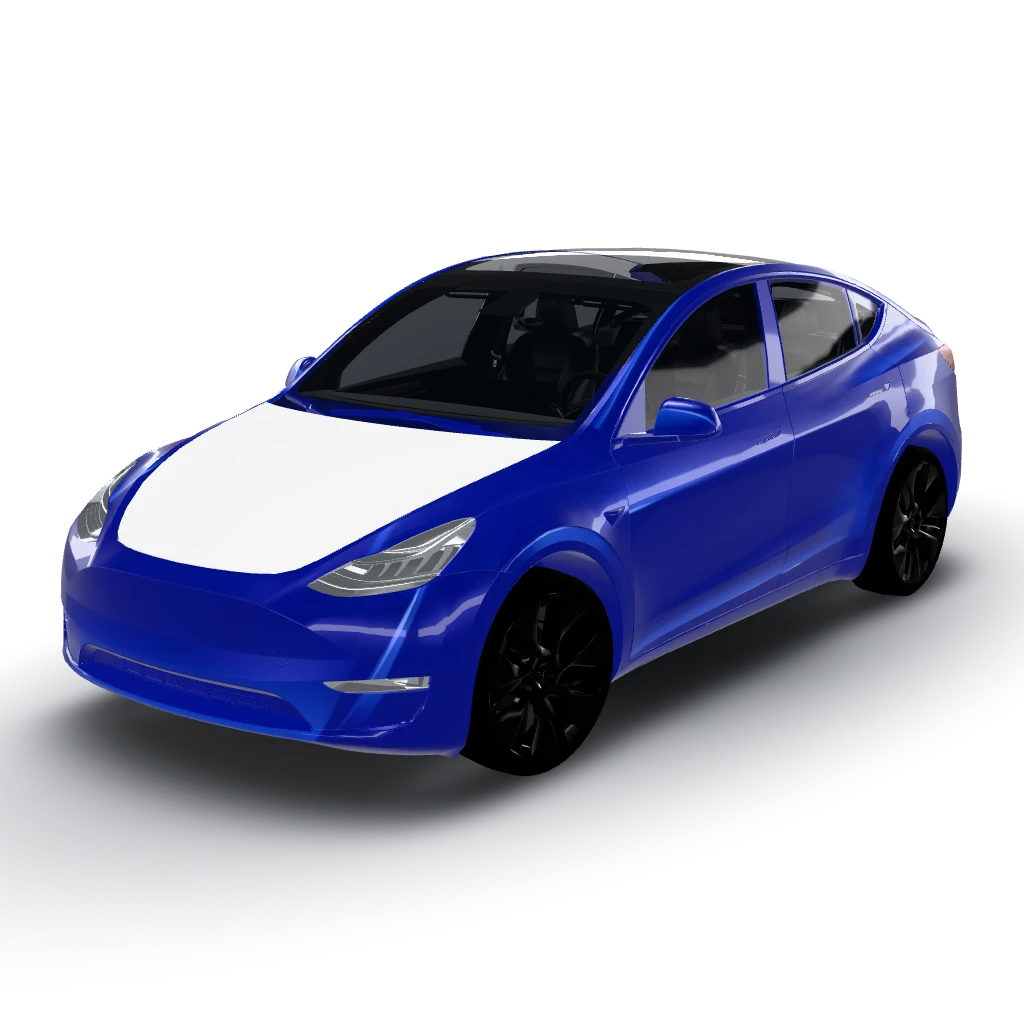 Sapphire blue deep gloss — a Model Y wearing this AI wrap design