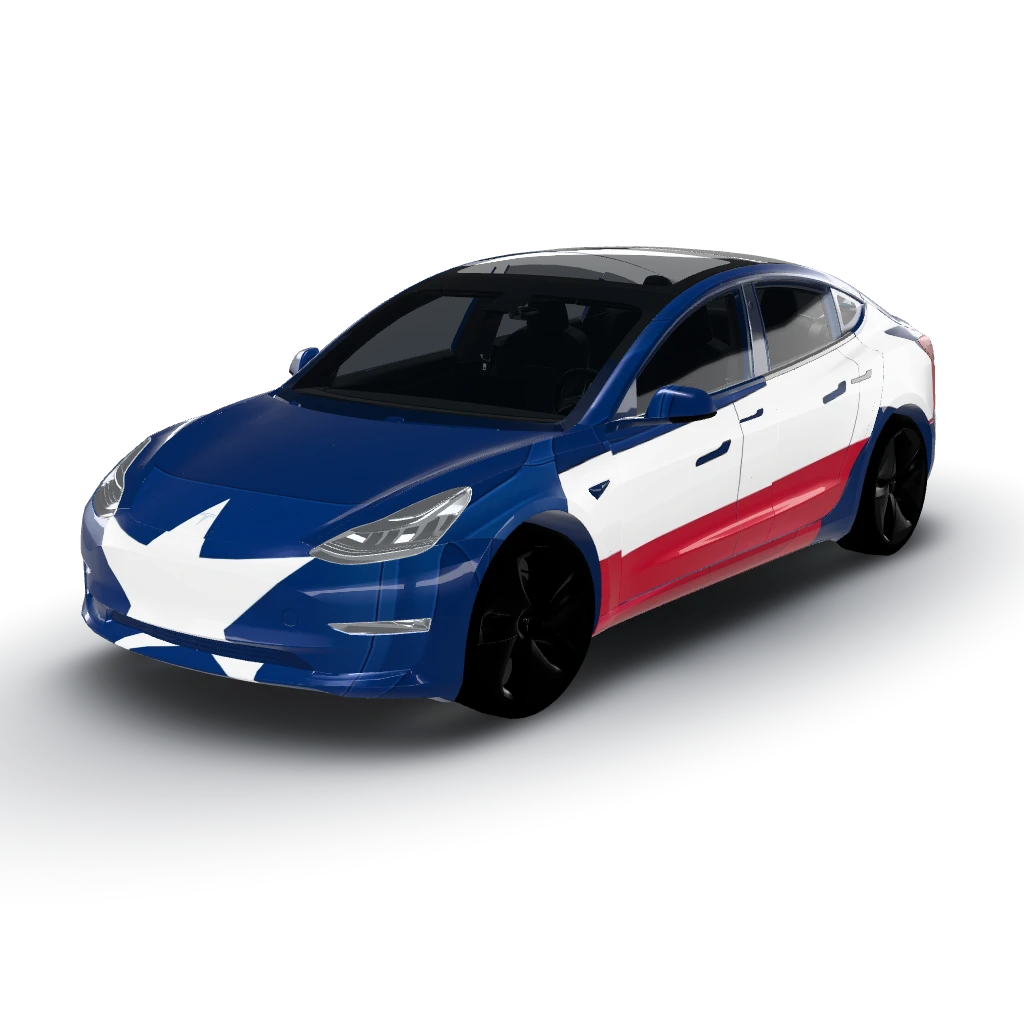 Vibrant representation of the Texas flag — a Model 3 wearing this AI wrap design