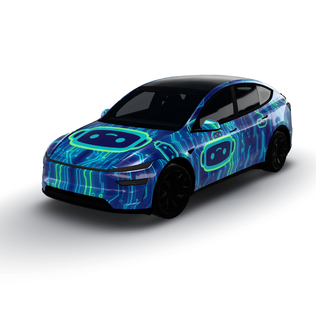 Vibrant color palette of electric blue — a Model Y L wearing this AI wrap design