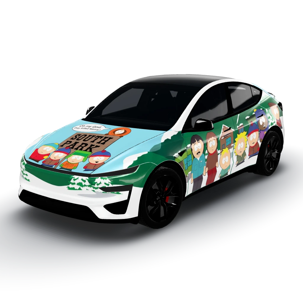 South Park theme — a Model Y (2025+) Performance wearing this AI wrap design
