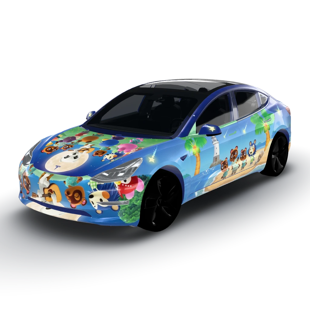 Animal crossing everyone gathered with KK — a Model 3 wearing this AI wrap design