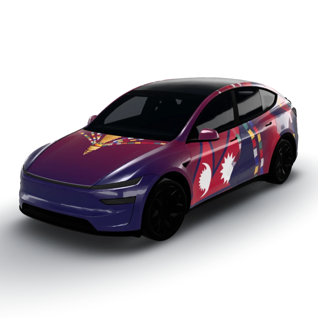Hood: centered white moon and sun emblem — a Model Y L wearing this AI wrap design