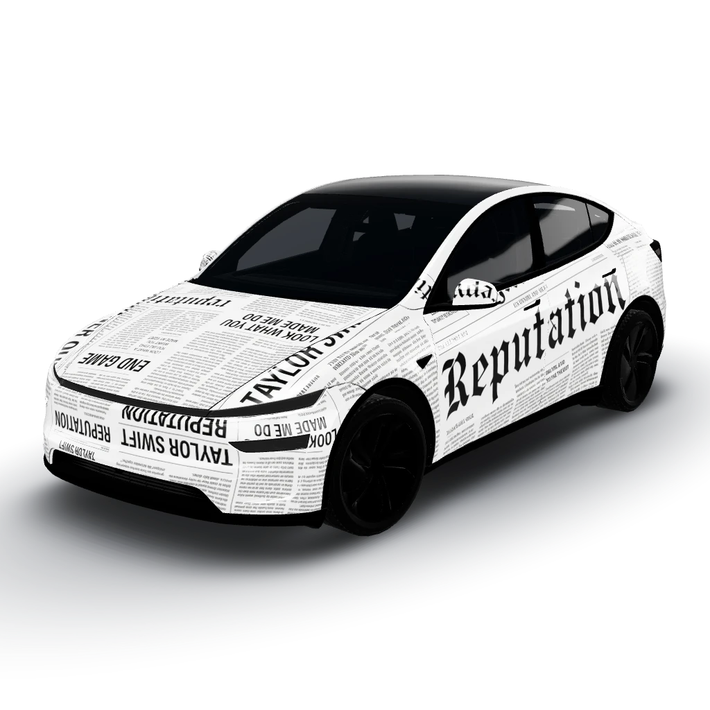 Taylor Swift's face centered and upright — a Model Y (2025+) Premium wearing this AI wrap design