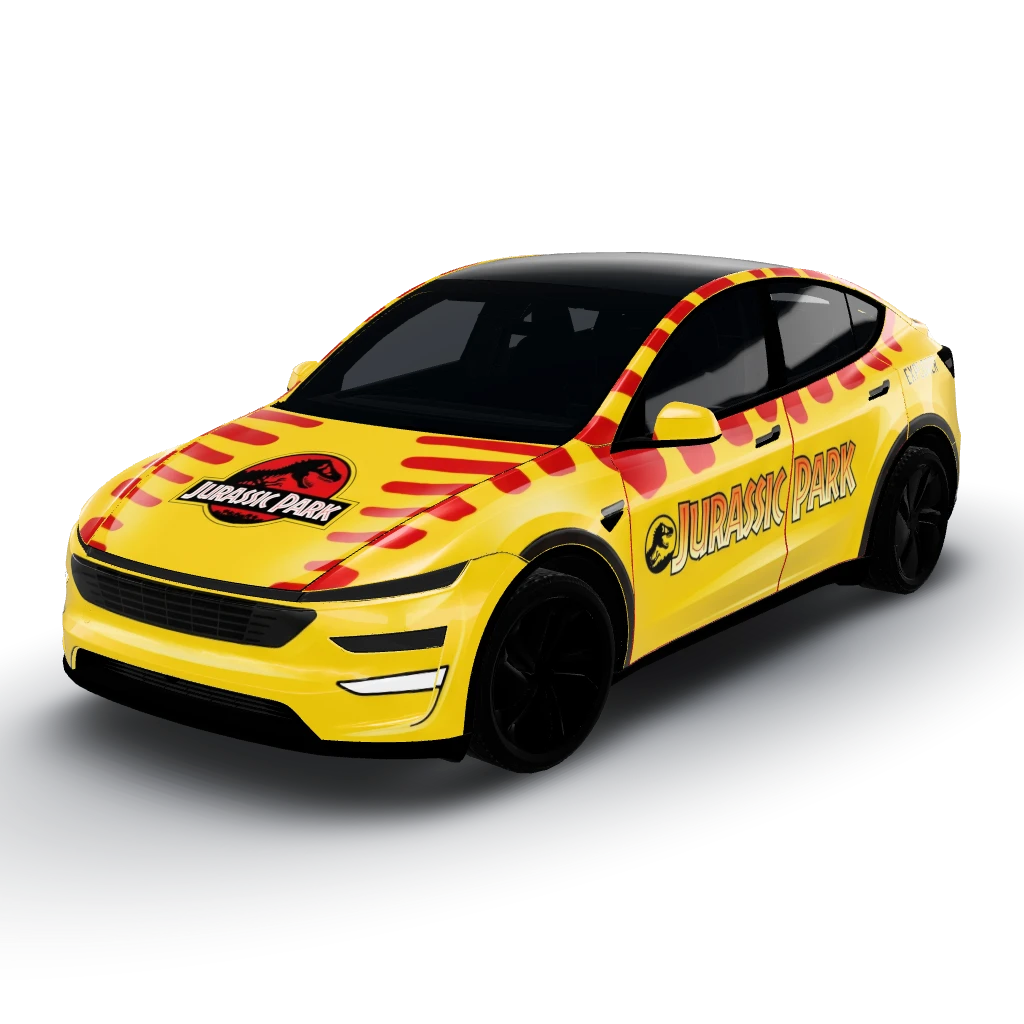 Jurrasic park for explorer cars — a Model Y (2025+) Premium wearing this AI wrap design