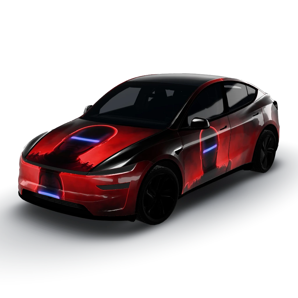 Head of the backside from robocop — a Model Y (2025+) Premium wearing this AI wrap design