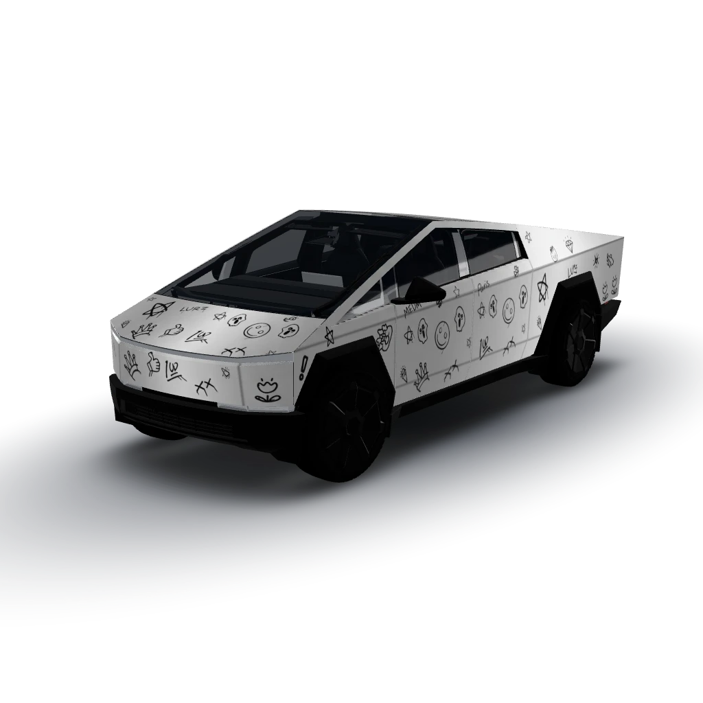 好的，设计已确认。总结如下： - 底色：银色 — a Cybertruck wearing this AI wrap design