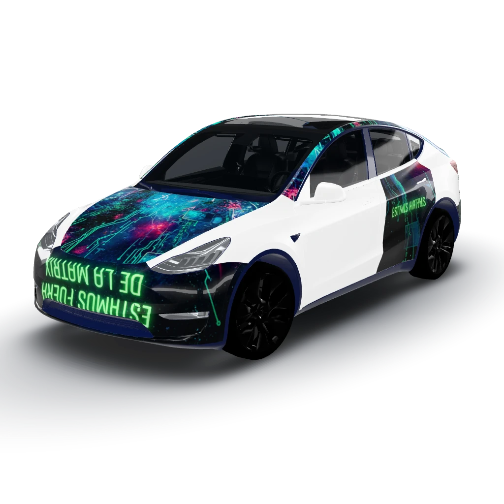 Quiero un grap con diseño de que estamos — a Model Y wearing this AI wrap design