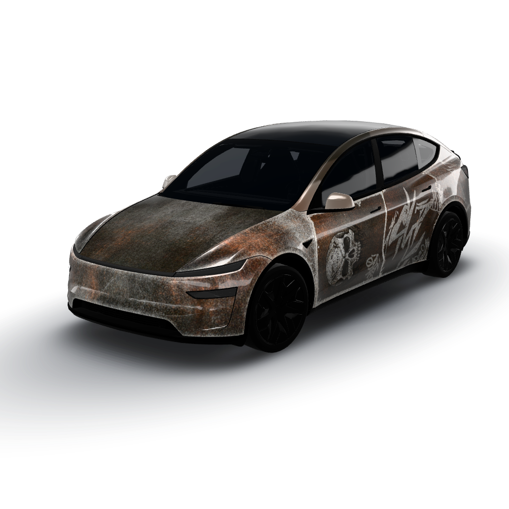 Artwork bursts forth with a gritty — a Model Y L wearing this AI wrap design