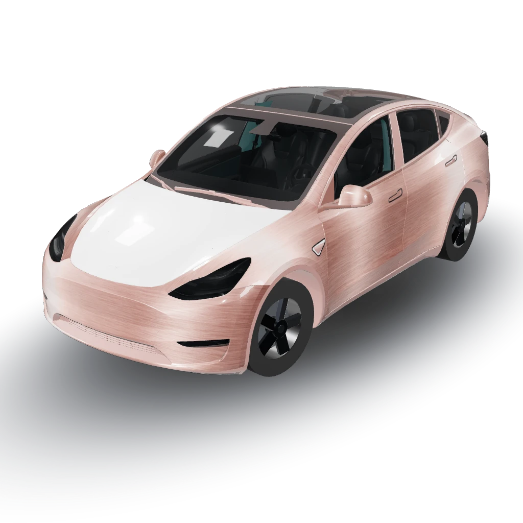 Rose gold brushed metallic — a Model Y wearing this AI wrap design