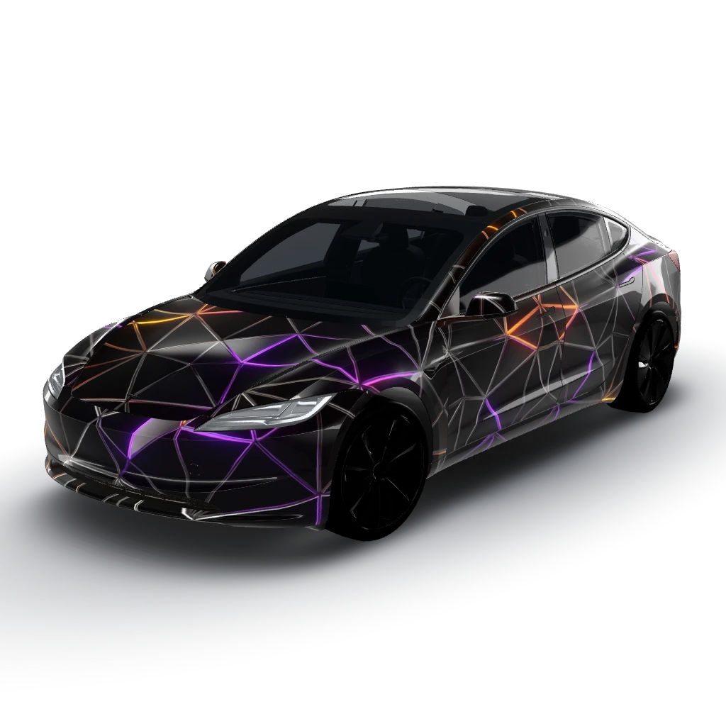 Matte black base with a pewter or gunmetal — a Model 3 (2024+) Standard & Premium wearing this AI wrap design