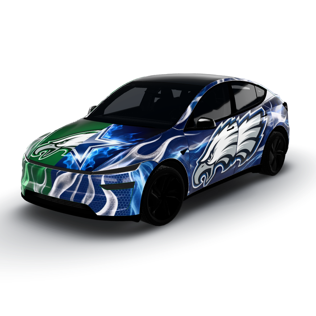 Features a bold color palette of navy blue — a Model Y (2025+) Premium wearing this AI wrap design