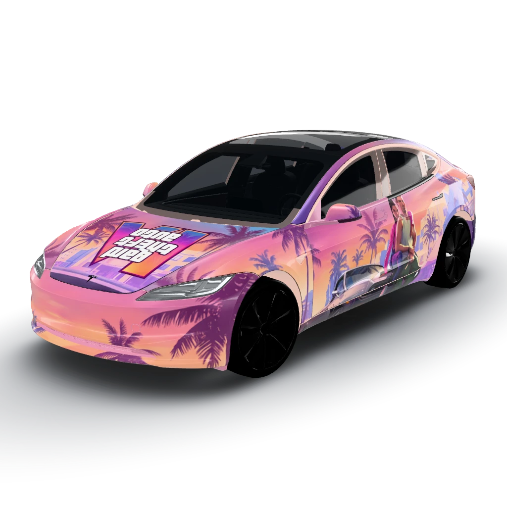 Gta VI style wrap like the loading screen — a Model 3 (2024+) Standard & Premium wearing this AI wrap design