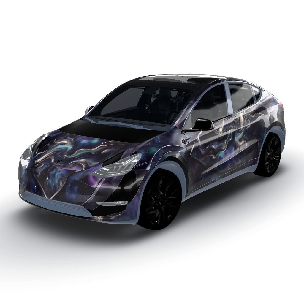 Glossy dark matter camo pattern flows — a Model Y wearing this AI wrap design