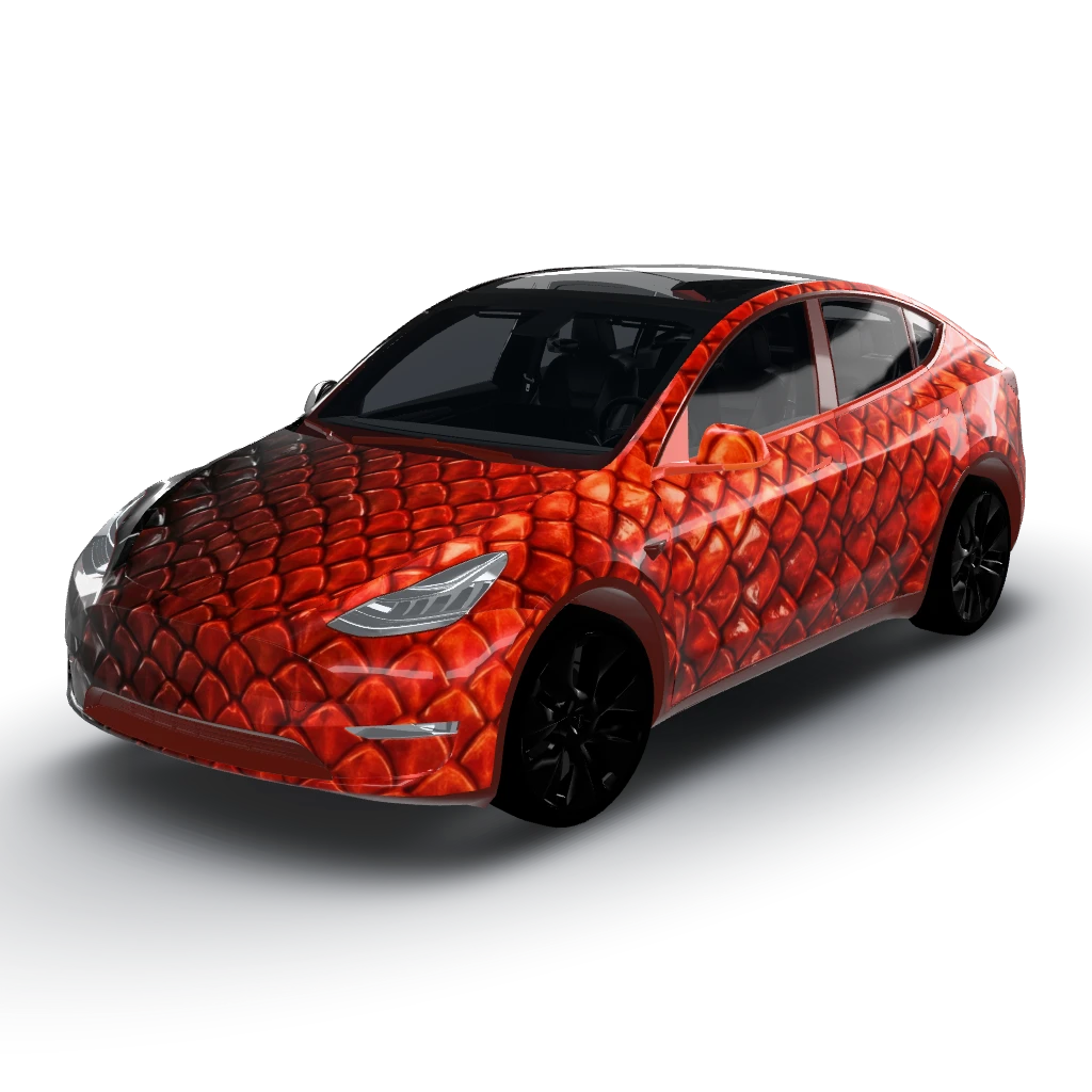 Dragon scale black texture — a Model Y wearing this AI wrap design