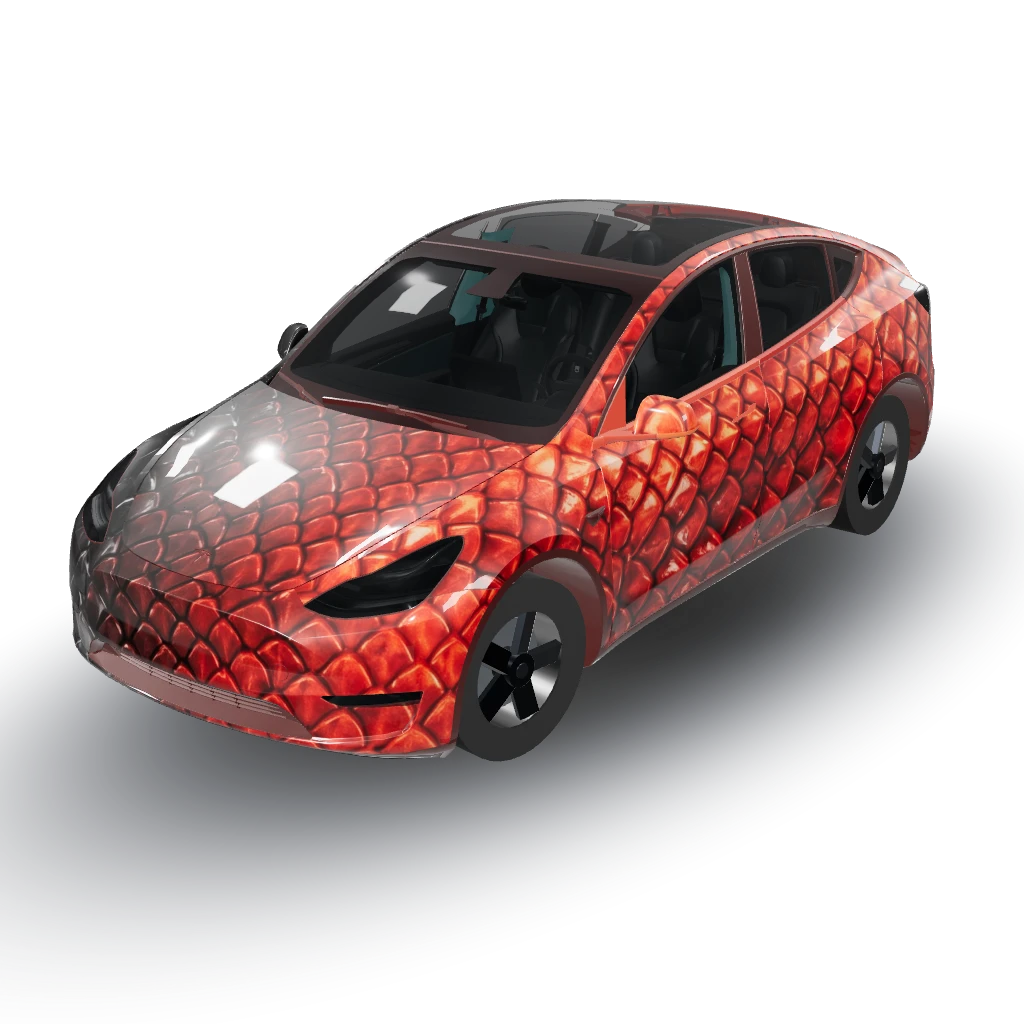 Dragon scale black texture — a Model Y wearing this AI wrap design