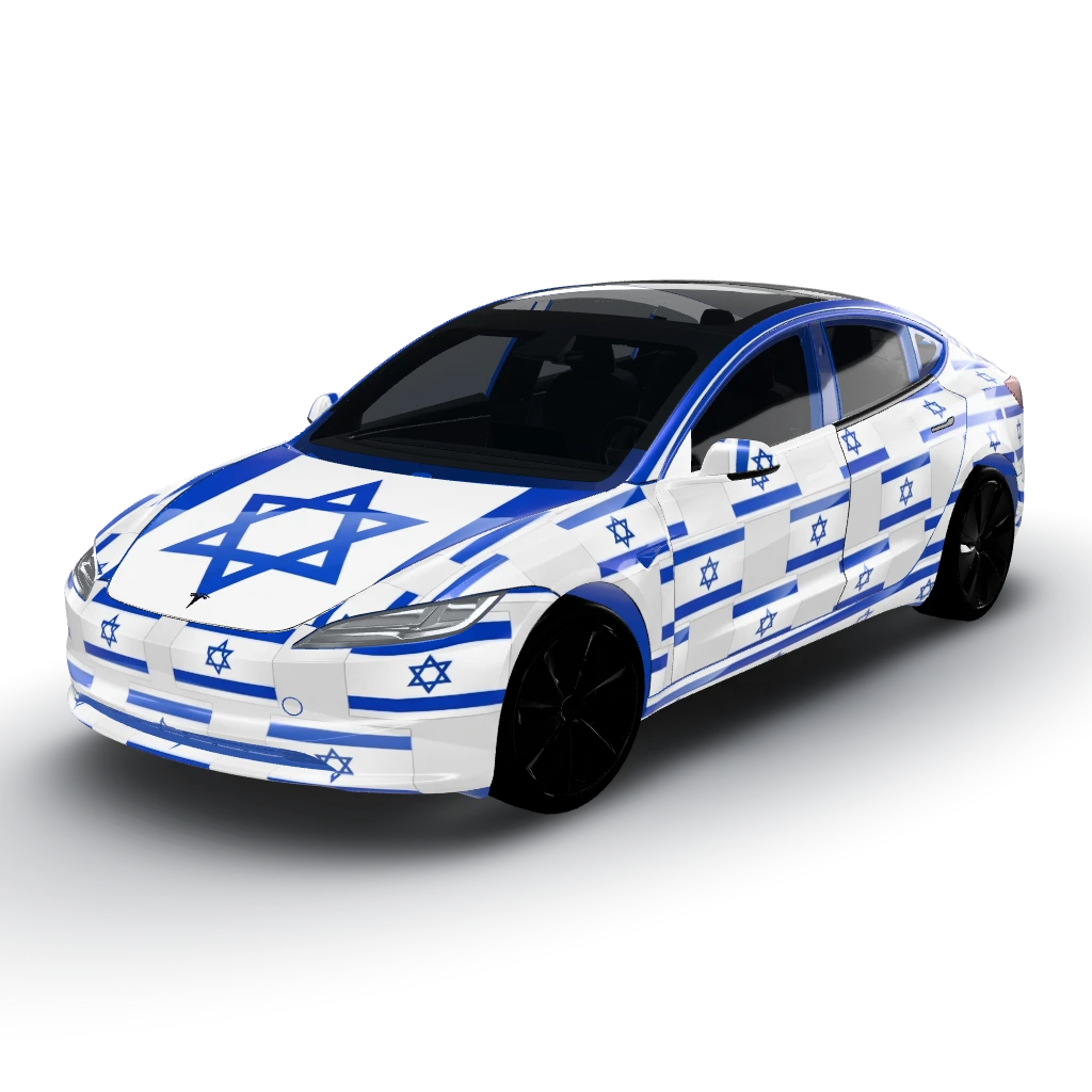Prominent Star of David centered and upright — a Model 3 (2024+) Standard & Premium wearing this AI wrap design