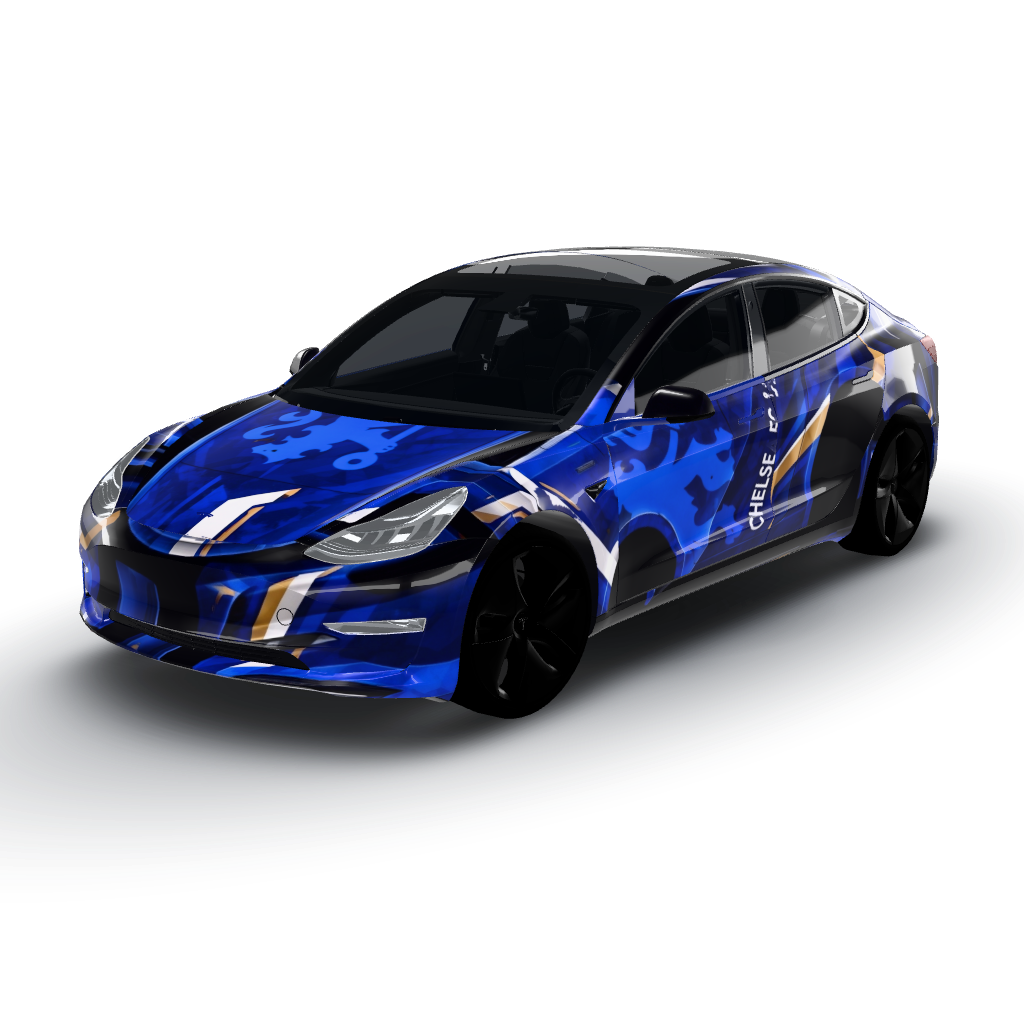 Chelsea FC logo (Photo 1, featuring — a Model 3 wearing this AI wrap design