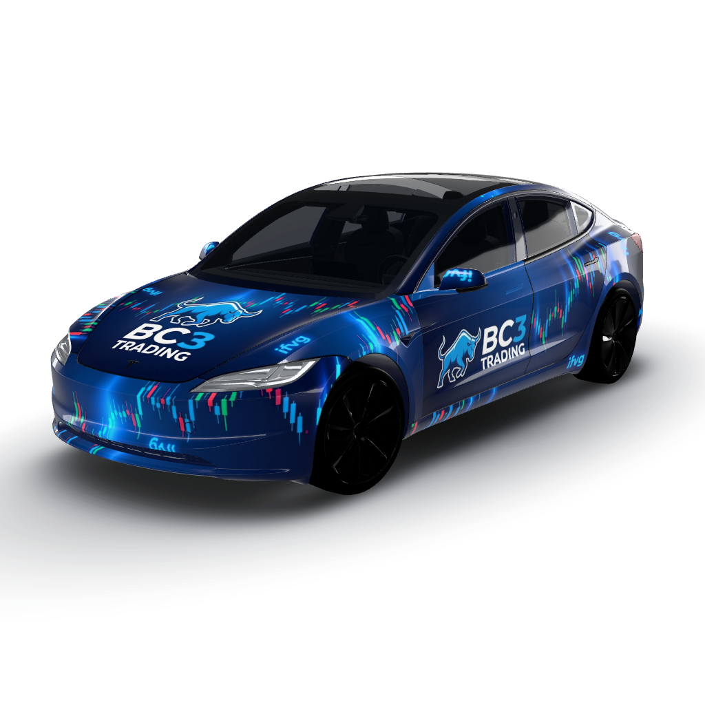 "BC3 TRADING" logo from Photo 1 centered — a Model 3 (2024+) Standard & Premium wearing this AI wrap design